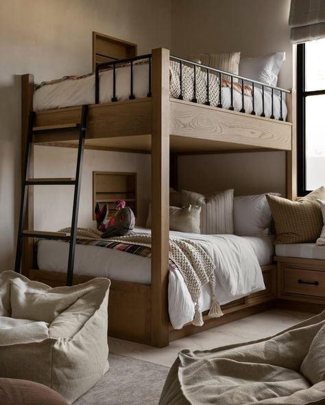 Boys Built In Bunk Beds, Farmhouse Bunkroom, Boys Bunkbed Bedroom Ideas, Boys Bunk Beds, Eclectic Shelving, Bunk Bed Aesthetic, Bunk Room Ideas, Mcgee Home, Family Compound