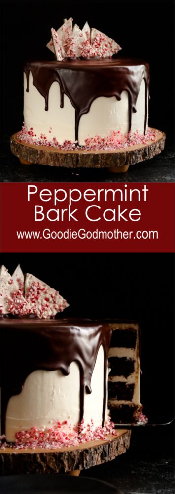 Christmas candy meets Christmas cake in this minty, chocolaty, decadent peppermint bark cake recipe. * GoodieGodmother.com Peppermint Bark Cake, Bark Cake, Holiday Bakes, Christmas Fondant, Hot Chocolate Fudge, Xmas Baking, New Year's Desserts, Layered Cakes, Cake Christmas