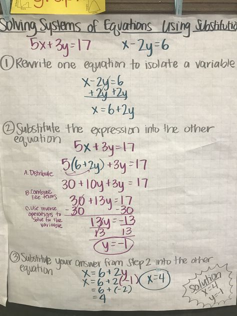 Solving Systems of Equations Using Substitution anchor chart (photo only) Grade 12 Mathematics Notes, Systems Of Equations Anchor Chart, Solving One Step Equations Anchor Chart, Algebra Notes, Solving Algebraic Equations, Equations Notes, System Of Equations, Solving Linear Equations By Elimination, Algebraic Equations