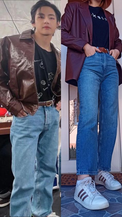 Brown leather jacket, black t-shirt, straight leg jeans, brown belt and white sneakers, V (BTS) inspired outfit Kim Taehyung Brown Outfit, Tae Outfits Inspired, Bts Fashion Inspired Outfits, V Outfits Bts, Taehyung Inspired Outfits, Kim Taehyung Outfit, Brown Jeans Outfit Aesthetic, Bts Outfits Inspired, Taehyung Outfits