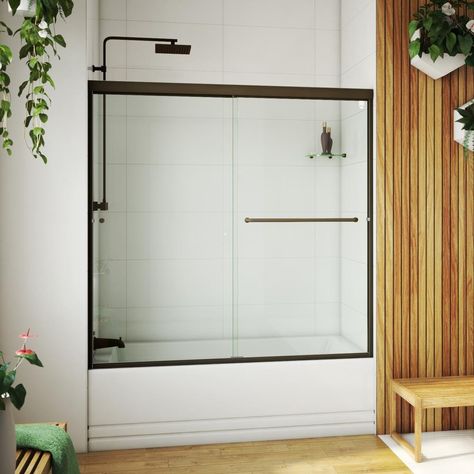 The LETER semi-frameless sliding tub door is made to order and manufactured in the USA. Our LETER has 1/4-in thick tempered glass and provides a luxurious look and feel. The wall jambs allow up to 1/4-in adjustment and can be mounted on any surface. Available in a full range of heights, finishes, and glass options to suit your needs. At Arizona Shower Door, we are just as dedicated to providing you with an exceptional shower enclosure as we are to giving you excellent customer service. With our Black Bathtub, Tub Enclosures, Bathtub Doors, Tub Doors, Bathroom Tub, Boys Bathroom, Frameless Shower, Tub Shower Combo, Upstairs Bathrooms