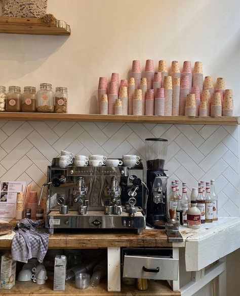 not my pic! café, café aesthetic, bakery, coffee, latte, espresso, espresso machine, pink café, coquette Coffee Truck Aesthetic, Cafe Mugs, Aesthetic Bakery, Café Aesthetic, Opening A Coffee Shop, Pink Cafe, Bookstore Cafe, Cozy Coffee Shop, Cafe Shop Design