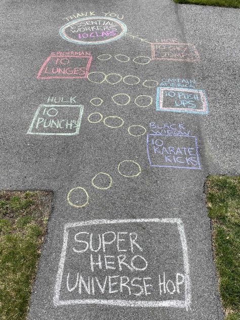 Sidewalk chalk, marvel superheros and some physical activity = fun Super Hero Physical Activities, Superhero Day Ideas, Superhero Gross Motor Activities, Superhero Chalk Art, Superhero Camp Ideas, Superhero Gym Games, Superhero Summer Camp Ideas, Superhero Summer Camp Activities, Super Hero Week Activities For Kids