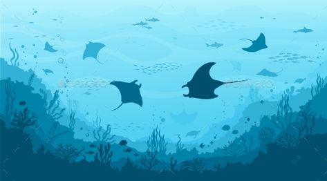 Underwater Landscape Background with Manta Ray Aquatic Landscape, Shark Background, Underwater Landscape, Underwater Wallpaper, Wallpaper Ocean, Sea Drawing, Landscape Sea, Sea Illustration, Ocean Backgrounds