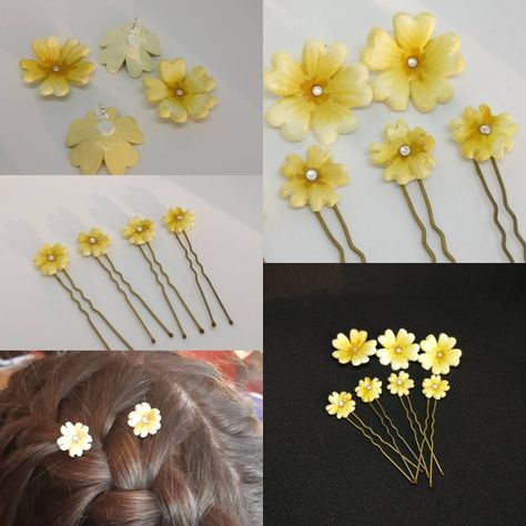 Primrose polymer clay hairpins from Fiona Herbst Polymer Clay Hair Pins Diy, Polymer Clay Hairpin, Clay Hairpin, Polymer Clay Hair Pins, Hair Pins Diy, Polymer Clay Hair, خريطة ذهنية, Clay Hair, Polymer Clay Flower Jewelry