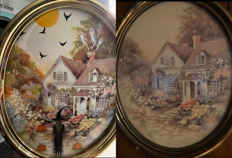 Halloween Picture Painting Ideas, Halloween Painting Makeover, Halloween Painting Thrift Store, Thrifted Painting Makeover Halloween, Thrift Store Art Makeover Halloween, Spooky Thrifted Painting, Thrifted Halloween Painting, Thrift Store Painting Upcycle Halloween, Halloween Thrift Store Painting