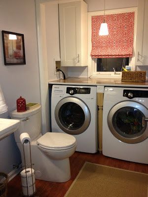 The Beige House: Laundry and Powder Room Renovation Closet And Bathroom Combo, Laundry Room Stackable, Powder Room Renovation, Vintage Laundry Room Decor, Beige House, Laundry Room Storage Shelves, Vintage Laundry Room, Small Laundry Room Organization, Laundry Room Wall Decor