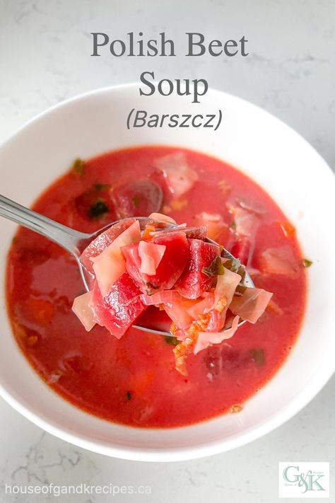 Polish Beet Soup, or Barszcz in Polish, is not only a beautiful soup, but it is also hearty and delicious. With fresh veggies, beans and bacon it's a complete meal all on its own. Check out our blog via the link in bio for the full recipe. #easylunch #quicklunch #healthylunch #healthysnack #toddlersnack #toddlerapprovedfood #protein #houseofgandkrecipes #beets #beetsoup #barszcz #borscht #souprecipe Polish Beet Soup, Borscht Soup Recipe, Beans And Bacon, Beet Soup Recipes, Bacon Soup Recipes, Recipe With Bacon, Borscht Soup, Small Cabbage, Beet Soup