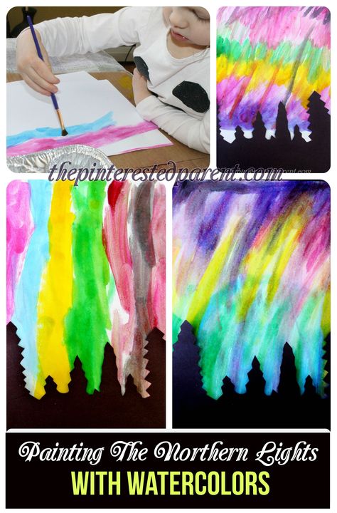 Pretty Northern Lights paintings with watercolors & silhouette - art & painting for kids. Silhouette Art Painting, Painting Silhouette, Northern Lights Art, Northern Lights Painting, Light Crafts, Homeschool Art, Preschool Themes, Kindergarten Art, The Northern Lights