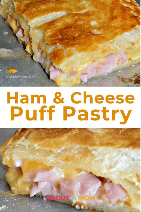 Make a tasty ham and cheese puff pastry melt with flaky layers. Simple, satisfying lunch or snack for any occasion. Ham And Cheese Cracker Melts, Puff Pastry Sticks With Ham And Cheese, Ham And Puff Pastry Recipes, Puff Pastry Filling Ideas Savoury, Ham Cheese Puff Pastry Appetizers, Puff Pastry Egg Bake, Ham And Cheese Pinwheels Puff Pastry Easy, Pastry Puff Breakfast Recipes, Ham And Cheese Pastry Puffs