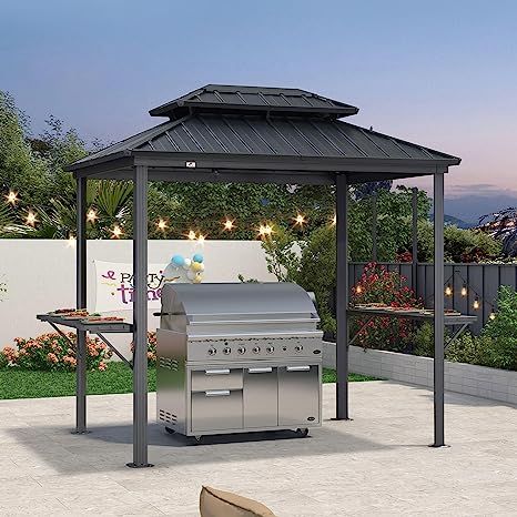 backyard bar and grill PURPLE LEAF 6' X 8' Hardtop Grill Gazebo for Patio Permanent Aluminum Barbeque Shelter Gazebo Canopy with Ceiling Hook and Shelves Double Tiered Grey Outdoor BBQ Gazebo https://amzn.to/3NqhR0V Barbeque Shelter, Bbq Canopy, Bbq Gazebo, Aluminum Gazebo, Grill Gazebo, Side Shelves, Outdoor Pavilion, Hardtop Gazebo, Backyard Bar