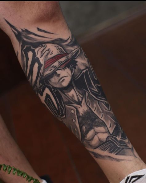 One Piece Forearm Tattoo, Tato Luffy, Shanks Tattoos, Best Leg Tattoo Men Design, Anime Forearm Tattoo, Luffy Tattoo Ideas, Anime Sleeve Tattoo, Tattoos God, Luffy Tattoo