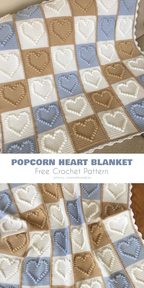 Popcorn Heart Blanket Free Crochet Patterns - Your Crochet Crochet Heart Blanket, Bobble Stitch Crochet, Bobble Crochet, Heart Blanket, Crochet Blanket Designs, Patterns Fabric, Crochet Quilt, Crochet Fabric, Haken Baby