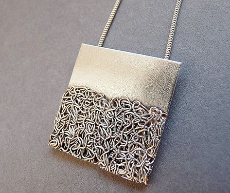 This modern and unique pendant is completely handmade in sterling silver 925 and 99.9 fine silver wire. It has been textured, partially oxidized Jewellery Images, Pmc Jewelry, Glitter Necklace, Square Jewelry, Handmade Silver Jewellery, Silver Clay, Contemporary Jewelry Design, Metal Smithing, Wax Carving