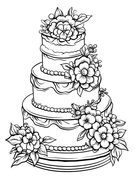 Wedding Bliss: A tall, elegant wedding cake adorned with flowers. (Free Printable Coloring Page for Kids) Wedding Cake Coloring Page, Wedding Coloring Sheets, Wedding Cake Drawing, Cake Coloring Pages, 40 Cake, Cake Coloring, Kids Table Wedding, Wedding Coloring Pages, Sunflower Coloring Pages