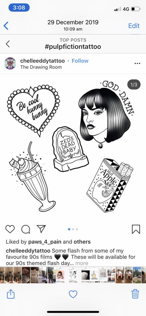 Pulp Fiction Flash Tattoo, Hunny Bunny Tattoo, Pulp Fiction Tattoo Ideas, Red Apple Tattoo, Tarantino Tattoo Ideas, Pulp Fiction Tattoo, Owl Tat, Apple Tattoo, Hunny Bunny