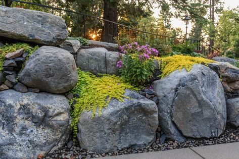 Boulders Retaining Wall, Boulder Slope Landscaping, Rock Garden Retaining Wall, Boulder Walls Retaining, Boulder Retaining Wall Driveway, Rock Outcropping Landscaping, Boulder Wall Landscaping, Rock Walls Landscape, Natural Rock Retaining Wall