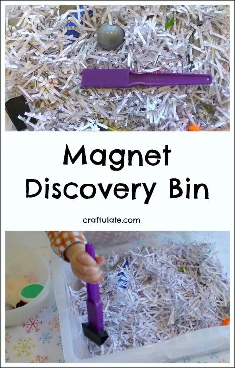 Magnet Discovery Bin - great for toddlers and preschoolers! Toddler Sensory Bins, Sensory Tubs, Toddler Sensory, Sensory Boxes, Pre K Activities, Science Activities For Kids, Sensory Table, Preschool Science, Shredded Paper