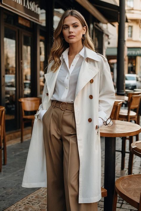 Elevate your style with this sophisticated outfit featuring a crisp white shirt, tailored brown pants, and a stunning white trench coat. This look embodies refined elegance, perfect for any occasion—from a business meeting to a brunch date. The neutral palette creates a fresh and chic vibe, while the trench adds a touch of drama. #fallfashiontrends #autumnoutfitideas #falloutfitideas #womanoutfitideas #fashioninspo White Coat Outfit Classy, Wool Trench Coat Outfit, White Wool Trench Coat, White Trench Coat Outfit, White Coat Outfit, Coat Aesthetic, Wool Coat Outfit, Brown Pants Outfit, White Trench Coat