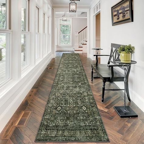 Amazon.com: Morebes Vintage Carpet Runners for Hallway 12ft,Washable Extra Long Runner Rug for Entryway Indoor Non-Slip,Distressed Retro Soft Throw Rug for Kitchen Farmhouse Dining Room, Dark Green : Home & Kitchen Dark Green Foyer Entryway, Entry Rugs Ideas Entryway, End Of Hallway Decor, Decorate Hallway, Dining Room Dark, Long Hallway Runner, Entry Runner Rug, Vintage Floral Rugs, Rug For Entryway