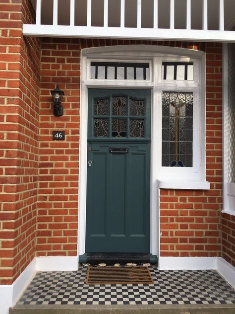 Red Brick Victorian House, Front Door Farrow And Ball, Farrow And Ball Inchyra Blue, Brick Victorian, Victorian Front Doors, Exterior Door Colors, Inchyra Blue, Best Exterior Paint, Front Door Styles