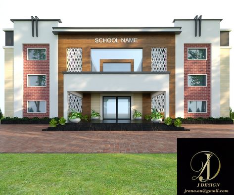 Elevation Design For School, Modern School Building Design Exterior, School Building Elevation Design, Facade Design School, School Front Elevation Design, Function Hall Design Exterior, School Elevation Design Architecture, Auditorium Design Exterior, Banquet Hall Exterior Elevation