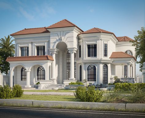 Tower Sketch, Classic Villa Exterior, New Classic Villa, Classic Villa Design, Villa Classic, Villa Exterior Design, Car Showroom Design, Dolly House, Classical Building