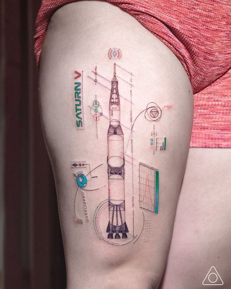 Fine line geometric color tattoo of Saturn V rocket blueprint with infographics and star symbol, created by 1MM Tattoo artist in Los Angeles. Rocket Tattoo Design, Line Geometric Tattoo, Fine Line Geometric Tattoo, Rocket Blueprint, Saturn V Rocket, Rocket Tattoo, V Tattoo, Saturn V, Star Symbol