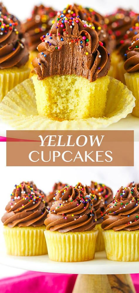 Yellow Cupcakes With Chocolate Frosting, Yellow Cupcake Recipe From Scratch, Yellow Cake Cupcakes, Cupcakes With Chocolate Frosting, Creamy Chocolate Frosting, Chocolate Frosting Recipe, Vanilla And Chocolate Cupcakes, Homemade Cupcake Recipes, Yellow Cupcakes