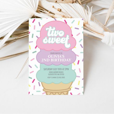 Ice Cream and Sprinkles Two Sweet 2nd Birthday Invitation - Birthday Invitation Two Sweet 2nd Birthday, Sweet One 1st Birthday, Sprinkles Birthday Party, Summer Birthday Invitations, 98th Birthday, Summer Invitation, Rainbow Birthday Invitations, 2nd Birthday Invitations, Two Sweet