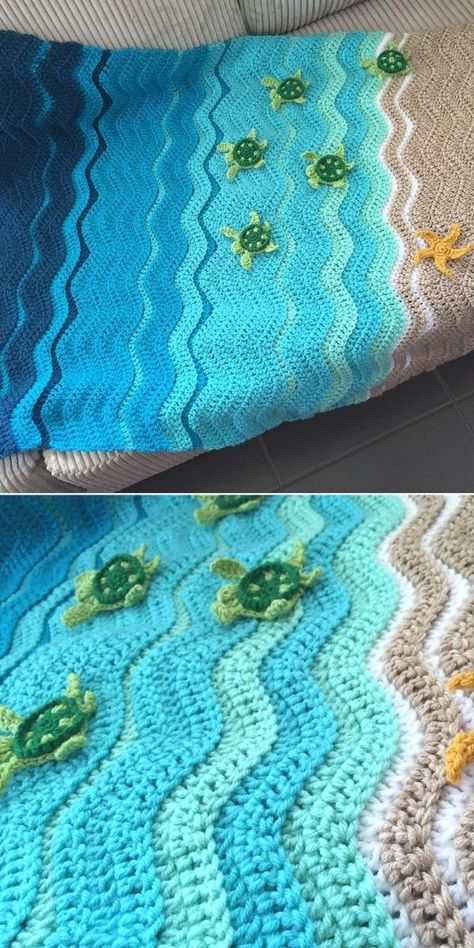 Baby Waves Blankets. Is there anything better that a blankie with turtles on it, that looks like the most beautiful, Caribbean beach? The wavy design is really easy to accomplish, and what's more, it is so soft and delicate for the baby skin! 

#freecrochetpattern #blanket #throw Crochet Lily Pad Blanket, Turtle Beach Blanket Crochet, Crochet Blanket Ocean Theme, C2c Elephant Baby Blanket, Crochet Beach Blanket Pattern, Dinosaur Blanket Crochet Pattern, Crochet Beach Theme Blanket, Crochet Blanket Beach, Turtle Granny Square Crochet