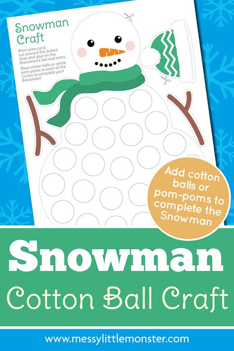 Cotton ball snowman craft for kids. Winter craft ideas. Cotton Ball Snowman, Winter Snowman Craft, Snowman Craft For Kids, Christmas Countdown Crafts, Cotton Ball Crafts, Ball Craft, Winter Crafts For Toddlers, Snowmen Activities, Marshmallow Snowman