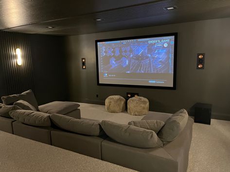 Cozy Entertainment Room, Home Theater And Gym, Living Room Movie Theater, Home Theater Pit Couch, Movie Theater Loft Ideas, Refinishing Basement, Attic Movie Theater, Small Cinema Room, Theater Room Ideas