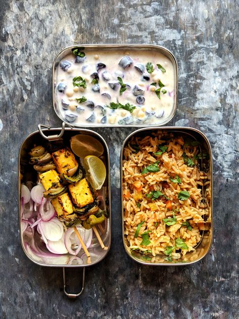 Lunch Box Menu Plan for Week 1 - Fun FOOD Frolic Lunchbox Ideas For Work, Achari Paneer, Husband Lunch, Vegetable Pulao, Lunch Recipes Indian, Tiffin Recipe, Quick Lunch Recipes, Kids Lunch Recipes, Paneer Tikka