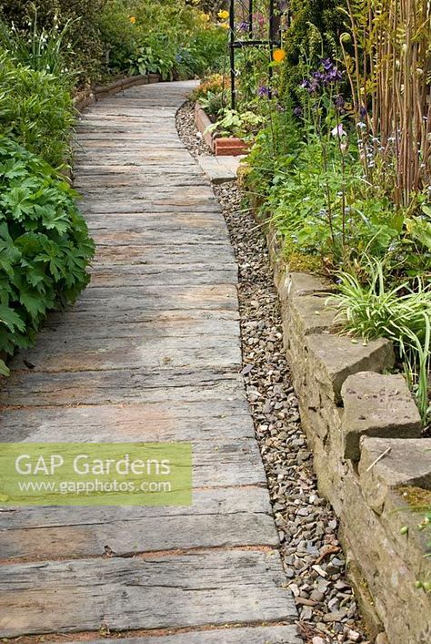 Concrete railway sleeper path edged with pebbles and stone wall at 69 Well Lane, NGS garden, Cheshire Wood Path Garden, Wood Pathway Ideas, Rustic Garden Path, Sleeper Path, Budget Backyard Landscaping, Landscape On A Budget, Backyard Walkways, Landscaping Backyard Ideas, Aesthetic Backyard