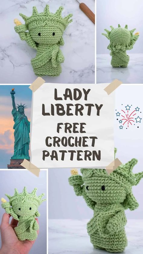 Lady Liberty free amigurumi pattern Advanced Crochet, Pola Amigurumi, Crochet Animals Free Patterns, Crochet Design Pattern, Crochet Amigurumi Free, Lady Liberty, Fun Crochet Projects, Crochet Keychain, Diy Crochet Projects