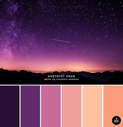 Galaxy Hues - shades of purple and orange can make a night sky pop! #colorscheme Unexpected Color Palettes, Gem Color Palette, Ethereal Color Palette, Whimsical Color Palette, Large Color Palette, Color Scenes, Wedding Schemes, Learning Painting, Color Schemes Colour Palettes