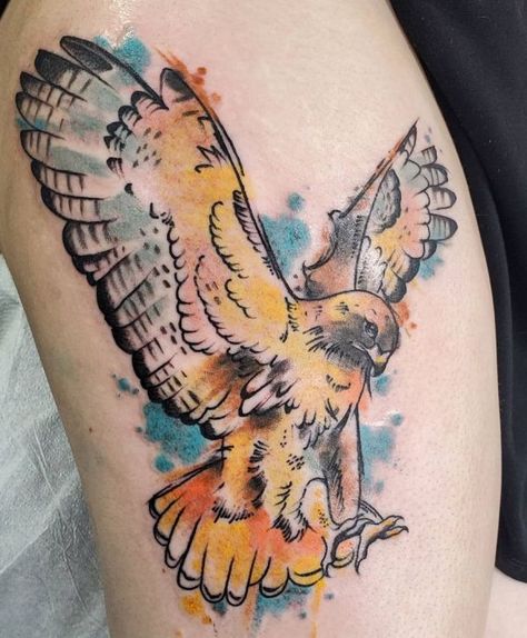 25+ Amazing Hawk Tattoos with Meanings | Body Art Guru Watercolor Hawk Tattoo, Redtail Hawk Tattoo, Red Tail Hawk Tattoo, Red Tailed Hawk Tattoo, Hawk Tattoo Design, Hawk Tattoo Feminine, Hawk Tattoos, Dreamcatcher Tattoo Meaning, Snake Tattoo Meaning