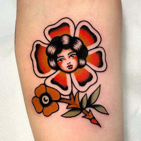 Traditional Flower Lady Tattoo, American Traditional Lesbian Tattoo, American Traditional Friendship Tattoo, Orange Tattoo Traditional, Traditional Peach Tattoo, Thigh Tattoo Traditional, American Traditional Lady Head, Trad Woman, Traditional Tattoo Face