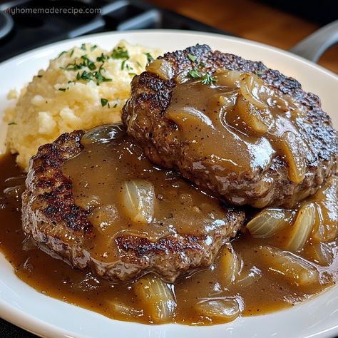 Hamburger Steaks With Onion Gravy Hamburger Steaks With Onion Gravy, Hamburger Meat Recipes Easy, Hamburger Steaks, Hamburger Dishes, Smash Burgers, Easy Hamburger, Meatball Recipes Easy, Ground Meat Recipes, Hamburger Steak