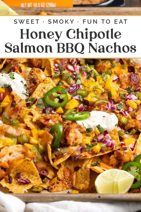 Easy and full of flavor, these honey chipotle salmon nachos are a delicious sheet pan meal the whole family will love. The star of the show? Wild Alaska Salmon fillets with a sweet honey and smoky chipotle crust that are baked to tender, flaky perfection. Salmon Nachos Recipe, Salmon Nachos, Honey Chipotle Salmon, Chipotle Salmon, Bbq Nachos, Bbq Salmon, Flaked Salmon, Alaska Salmon, Cilantro Lime Sauce