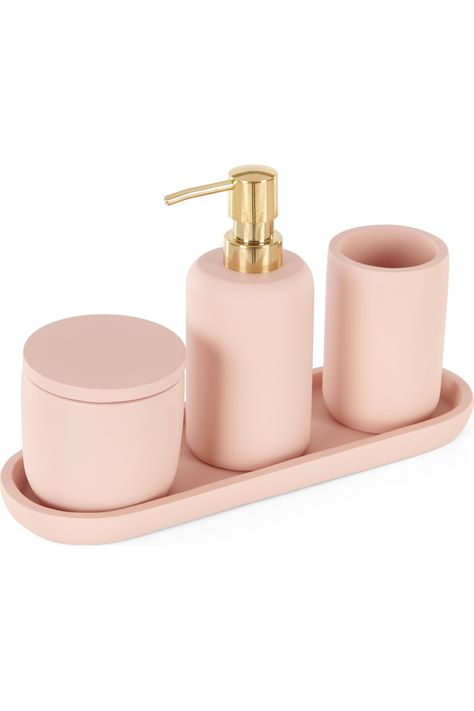 MADE.COM Accessoires Salle De Bain Laiton,Rose Rose Gold Room Decor, Rose Gold Rooms, Pink Bathroom Accessories, Gold Room Decor, Pink Bathroom Decor, Desain Pantry, Pink Soap, Bathroom Accessories Sets, Matte Pink