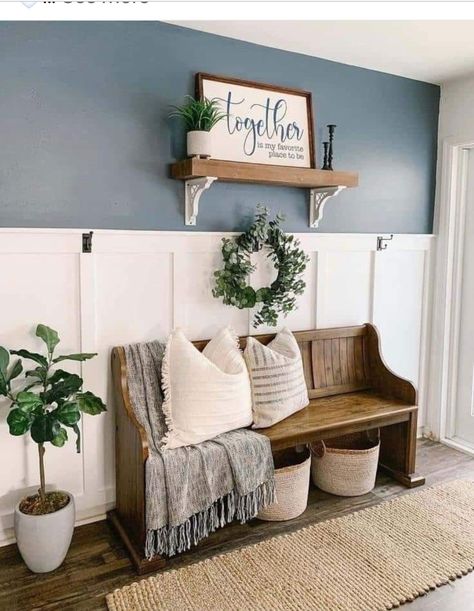 Board And Batten Foyer, White Storage Baskets, Farmhouse Living Room Wall Decor, Wood Entryway Bench, White Wainscoting, Board And Batten Wall, Entryway Bench Storage, Entry Decor, Foyer Design