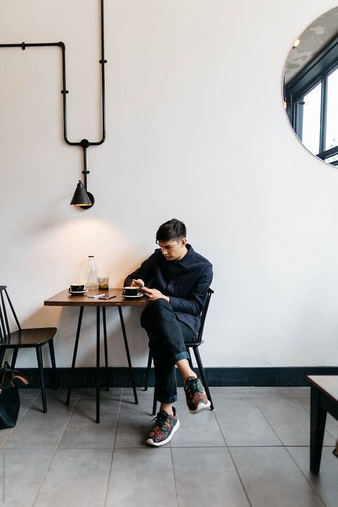 Man Cafe Photoshoot, Guy In Coffee Shop Aesthetic, Men In Coffee Shop, Coffee Outfit Ideas Men, Man At Coffee Shop, Men Cafe Photoshoot, Coffee Poses Photo Ideas Men, Poses For Men In Cafe, Cafe Pose Ideas Men