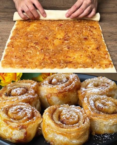 Quick Puff Pastry Apple Rolls Recipe Grated Apple Recipes, Apple Scrolls, Strawberry Puree Recipe, Quick Puff Pastry, Apple Rolls, Puff Pastry Apple, Apple Cinnamon Cake, Apple Pastry, Apple Puff Pastry