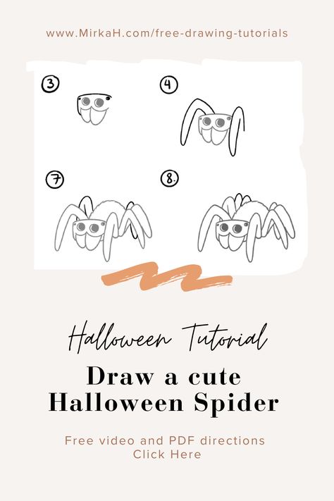 A free and easy tutorial for a halloween spider. Draw a tarantula in 8 easy steps. Watch a video and download the free pdf drawing guide with step-by-step drawing instructions. Fun for both adults and kids. Great for classroom multi-step direction exercises. Spider Draw, Cute Halloween Spider, Drawing Instructions, Free Drawing, Halloween Tutorial, Drawing Guide, Multi Step, Guided Drawing, Halloween Spider