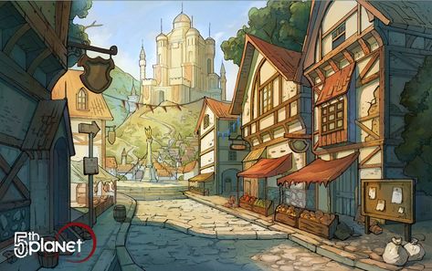 Village Concept Art, Cartoon Town, Town Drawing, Village Drawing, Fantasy Village, Fantasy Town, Perspective Drawing Architecture, Concept Art Tutorial, Medieval Village