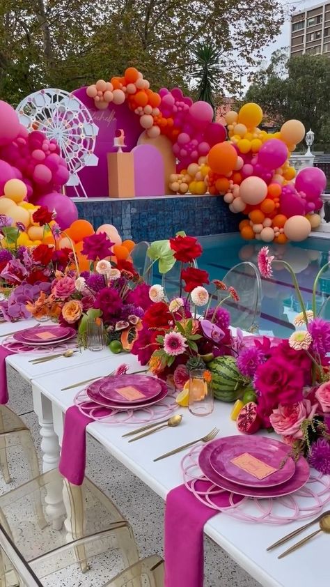 2024 Party, Sunset Party, Dinner Party Decorations, Orange Party, Party Queen, Birthday Party Theme Decorations, Birthday Brunch, Table Set Up, Floral Party