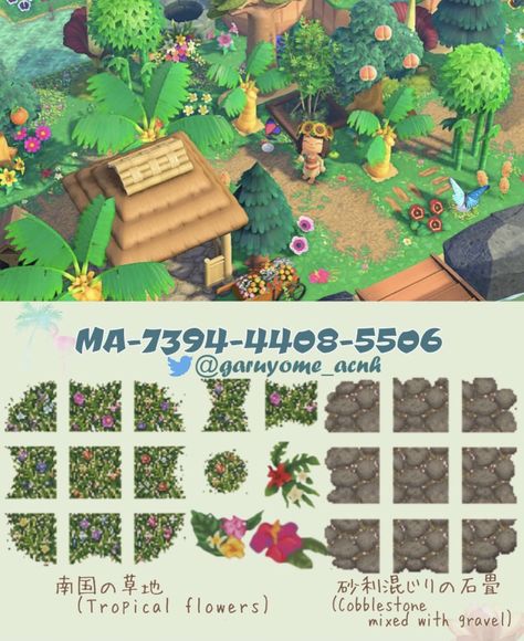 Jungle Acnh, Acnh Tropicore, Acnh Themes, Acnh Summer, Acnh Tropical, Jungle Island, Acnh Path, Animal Crossing Design Codes, Motif Jungle