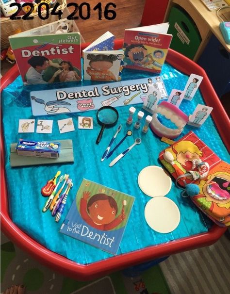 Dentist Tuff Tray Eyfs, Eyfs Dentist Ideas, Brushing Teeth Tuff Tray, Doctors Tuff Tray, Dentist Role Play Eyfs, Dentist Eyfs Activities, Dentist Tuff Tray, Teeth Eyfs Activities, Dentist Role Play